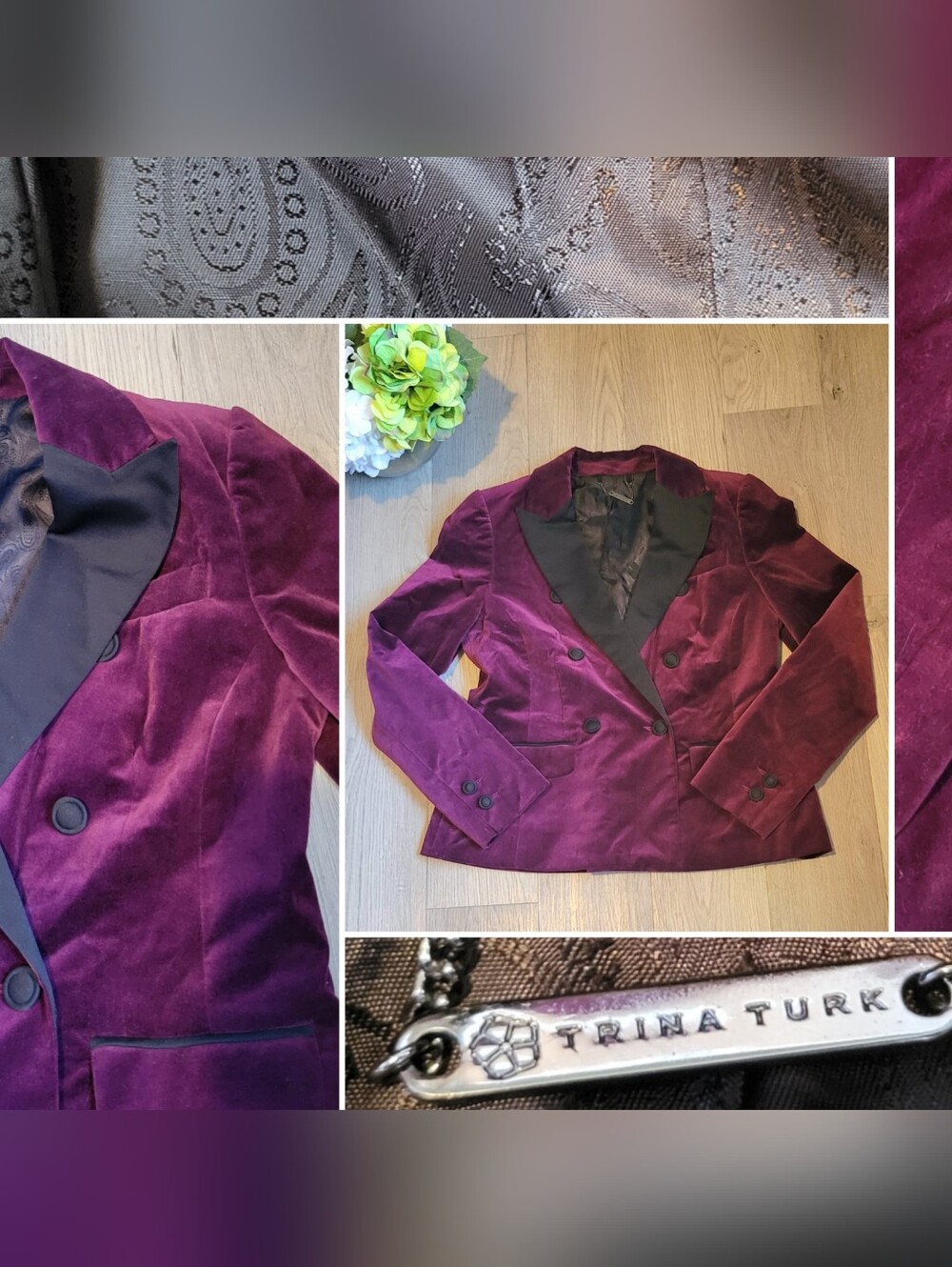 Trina Turk Burgundy Plum Velvet & Black Notched Lapel Double-Breasted Blazer, 10